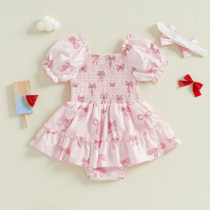 Baby Girl Bubble Romper Dress - Short Sleeve Smocked Bow Print Outfit for Newborns & Infants