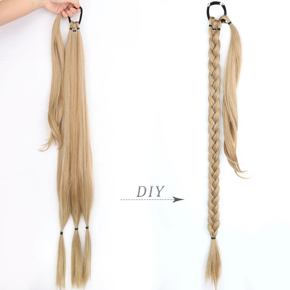 Long Ponytail Hair Extensions Braided Ponytail Synthetic 85cm With Rubber Band Natural Blonde Black For Women Hairpiece Braids