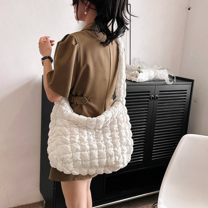 Ladies Tote Bags Large Capacity Lattice Pattern Female Hand Bag Casual Fashion Simple Nylon Quilted Elegant for Weekend Vacation