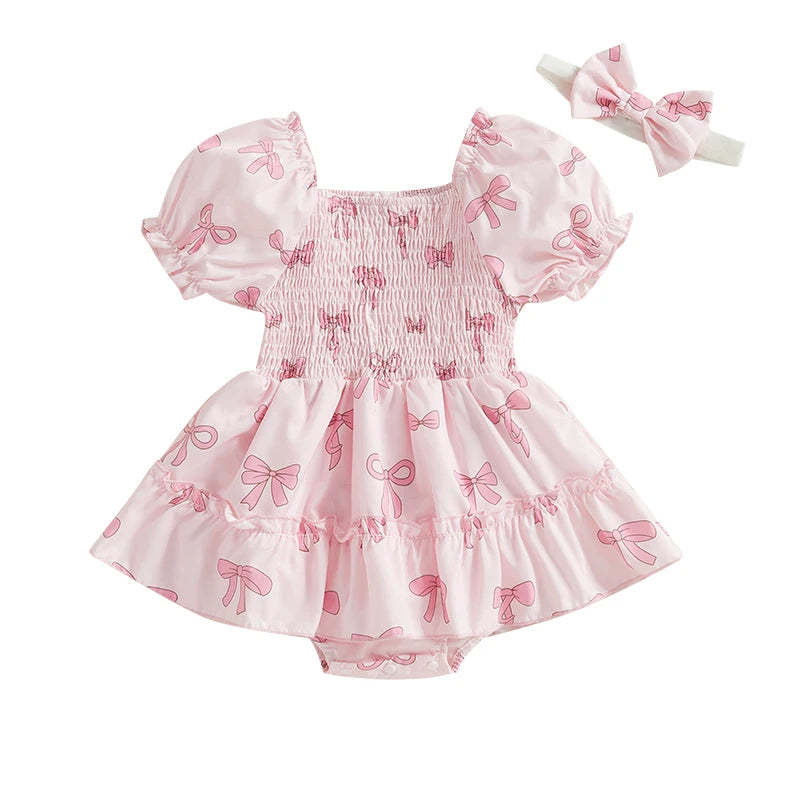 Baby Girl Bubble Romper Dress - Short Sleeve Smocked Bow Print Outfit for Newborns & Infants