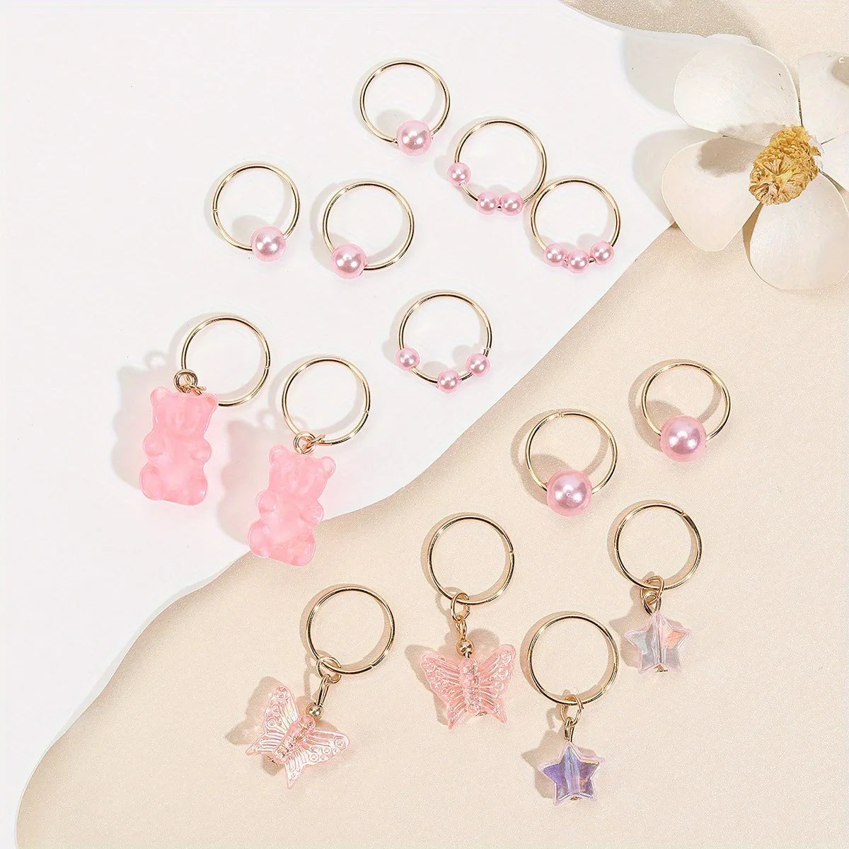 14pcs Cute Butterfly Bear Hair Braid Rings for Girls - Pearl Shaped Bead Clips - Essential Party Dress Accessories-Perfect Gift