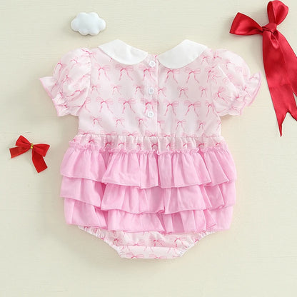 Newborn Baby Girl Romper Outfit – Bow Embroidery, Smocked Bubble Romper with Peter Pan Collar (0-1Y)