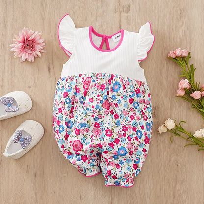 Newborn Baby Girl Romper – Pink Floral Print Sleeveless One-Piece Outfit – Summer Toddler Clothes – Soft Polyester & Spandex, 0-18 Months