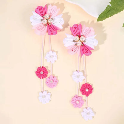 ncmama 2Pcs New Flower Pearl Hair Clips Cartoon Flower Tassel Pendant Hairpin Back To School Hair Accessories Festive Hheadwear