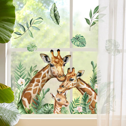 Cute Giraffe Family Green Leaves Wall Stickers Kids Baby Room Decor Wallpaper Living Room Bedroom Wall Decor Animals Wall Decals