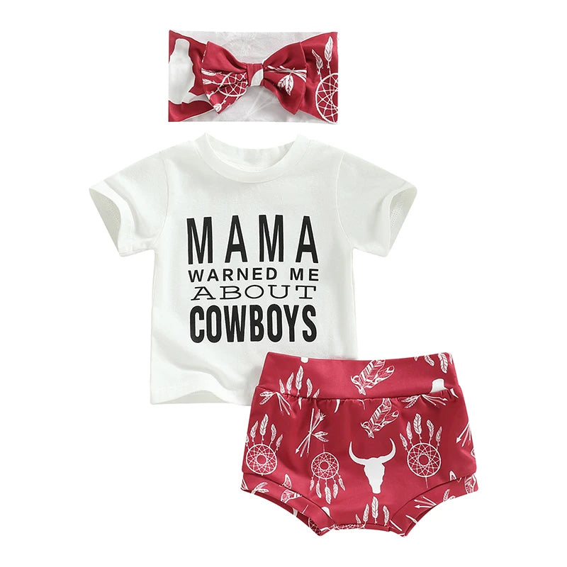 Infant Baby Girls Summer Outfit Set – Letter Print T-Shirt, Cow Head Shorts, and Headband, Cute 3-Piece Clothing Set