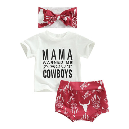 Infant Baby Girls Summer Outfit Set – Letter Print T-Shirt, Cow Head Shorts, and Headband, Cute 3-Piece Clothing Set