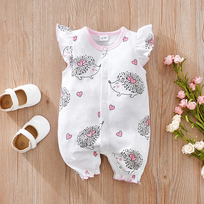 0-18 Months Baby Bodysuit – Cute Cartoon Hedgehog Print, Soft Cotton Sleeveless Summer Romper for Boys & Girls