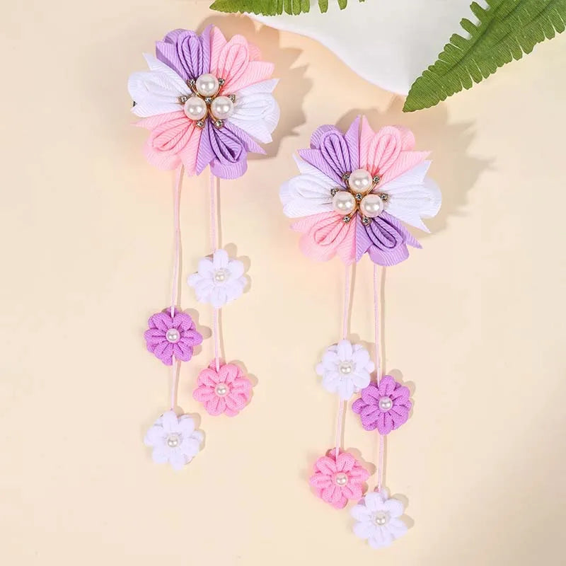 ncmama 2Pcs New Flower Pearl Hair Clips Cartoon Flower Tassel Pendant Hairpin Back To School Hair Accessories Festive Hheadwear