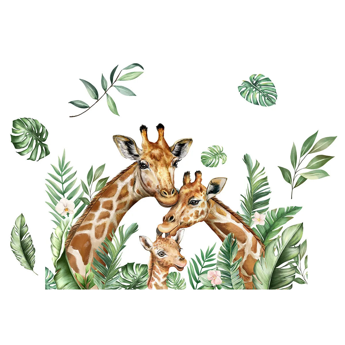 Cute Giraffe Family Green Leaves Wall Stickers Kids Baby Room Decor Wallpaper Living Room Bedroom Wall Decor Animals Wall Decals