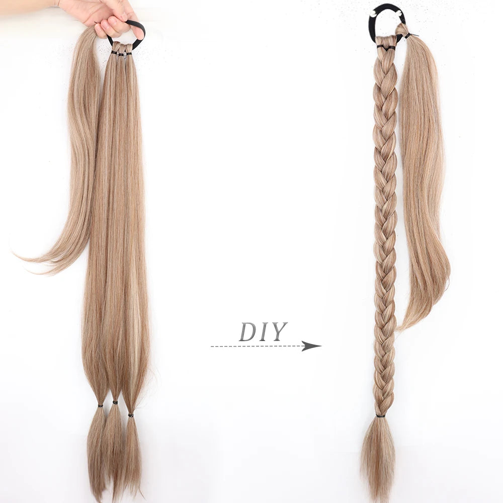 Long Ponytail Hair Extensions Braided Ponytail Synthetic 85cm With Rubber Band Natural Blonde Black For Women Hairpiece Braids