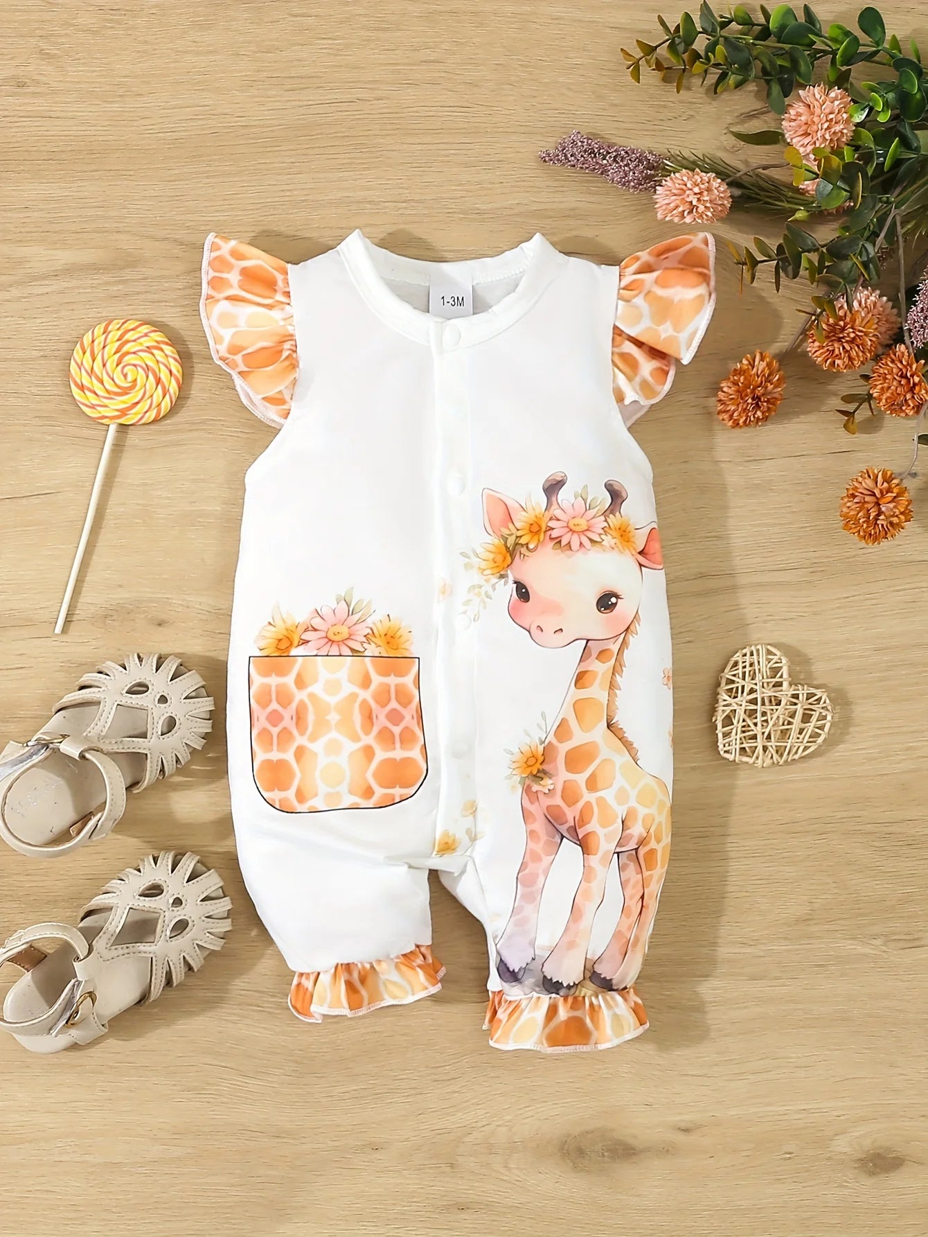 Cute Baby Boy & Girl Giraffe Print Sleeveless Ruffled Onesie – Comfortable & Casual Summer Romper with Flying Sleeves & Fake Pocket