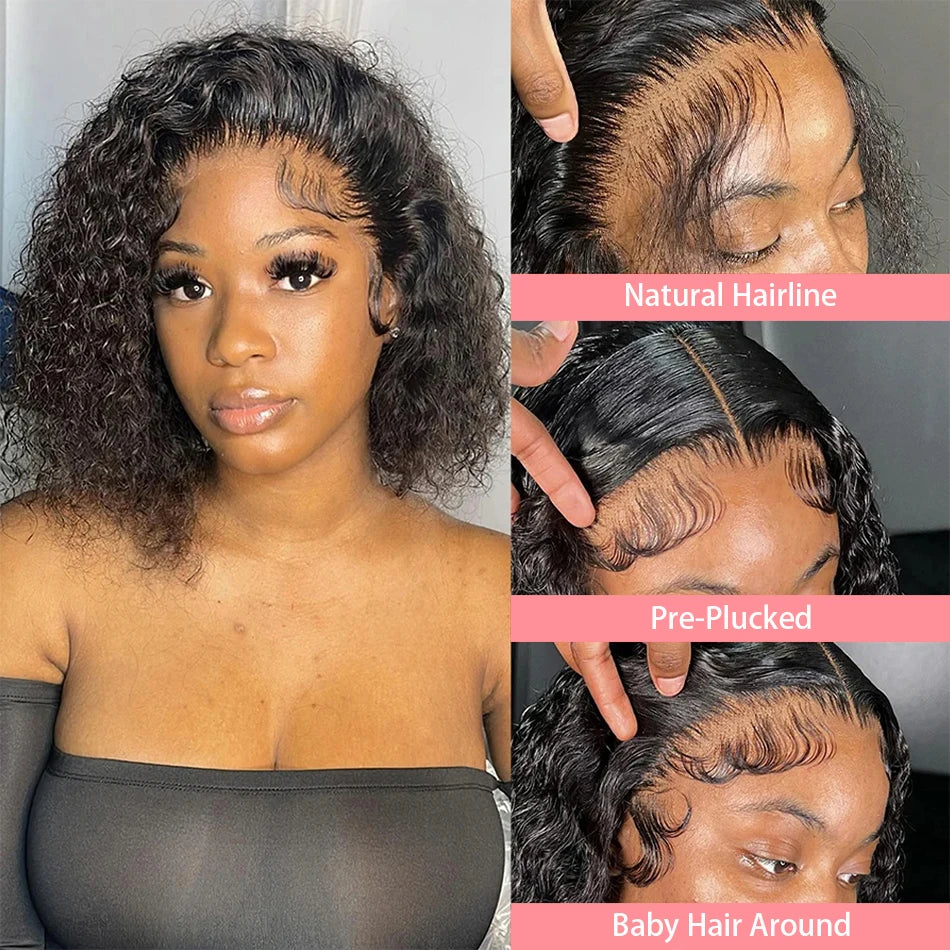 200 Density Short Curly Bob Deep Water Wave Wigs 100% Human Hair 13x4 Transparent Lace Frontal Wig 4x4 Lace Front Wig 12 14 Inch