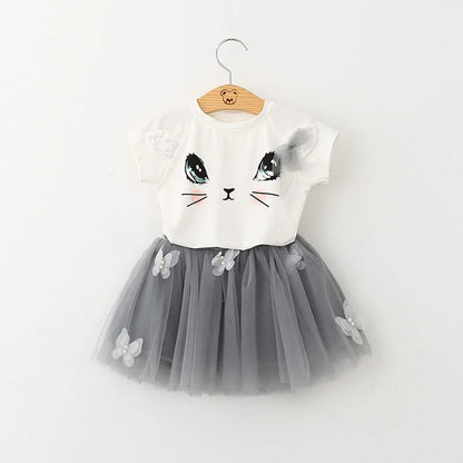 Girls 2-Piece Summer Set – Cute Animal T-Shirt & Butterfly Skirt, Casual Cotton Outfit for Toddlers & Kids