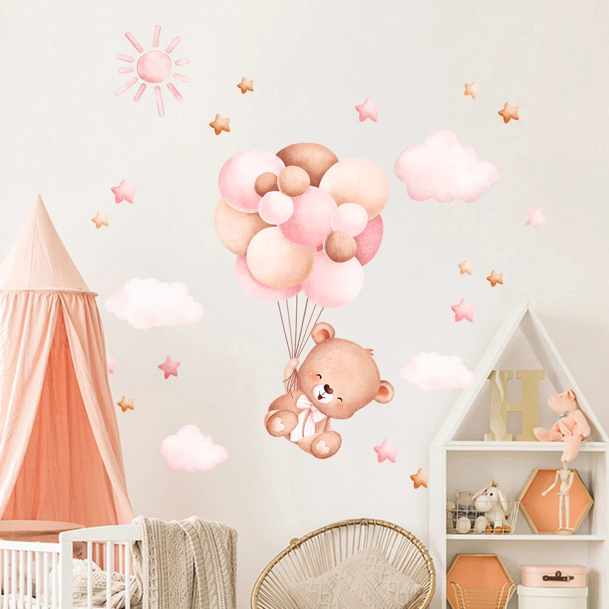 1Pc Cartoon Cute Balloon Bear Wall Sticker for Kids Room Baby Home Decoration Decor Star Bedroom Girls Wall Decals Living Room