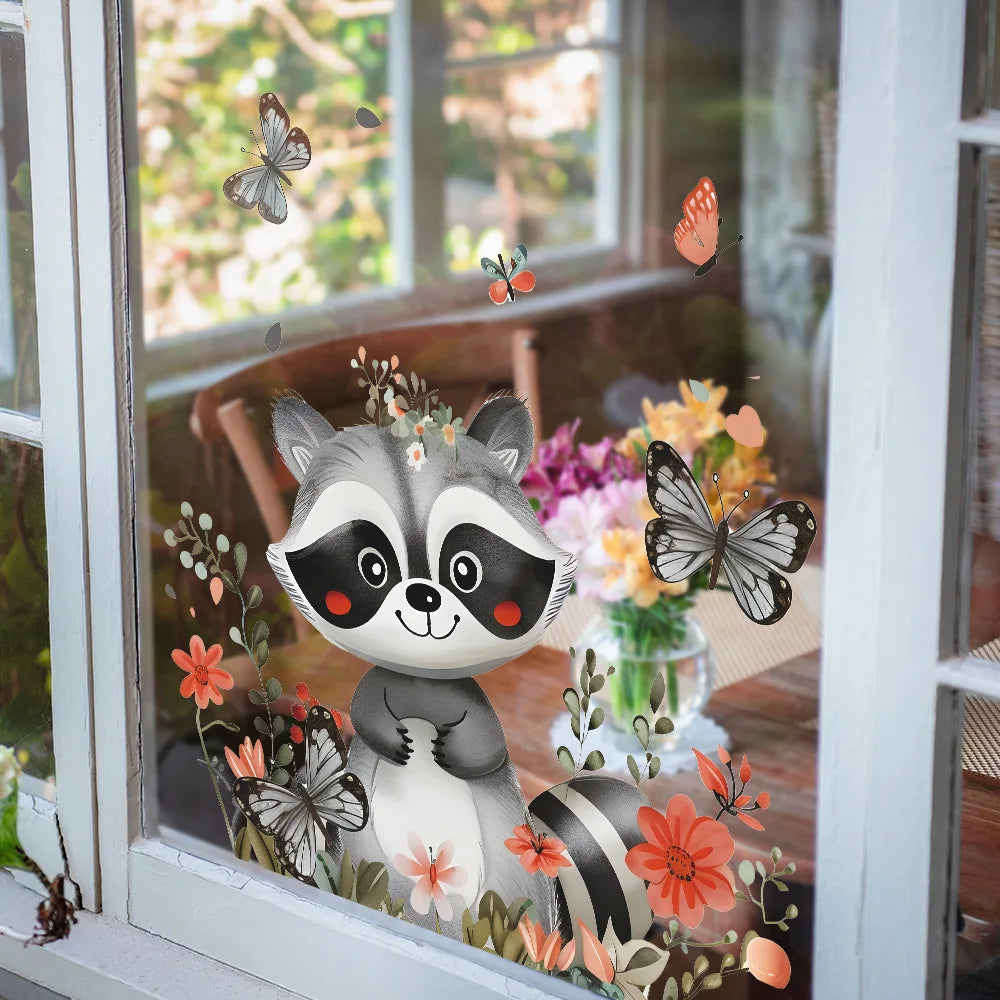 Cartoon Raccoon Electrostatic Wall Sticker Kids Room Glass Window Decoration Decals Cute Animals Home Decor Beautify Wallpaper