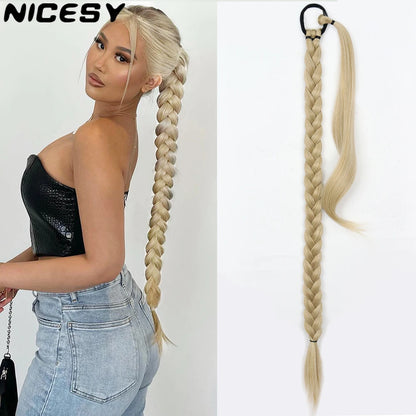 Long Ponytail Hair Extensions Braided Ponytail Synthetic 85cm With Rubber Band Natural Blonde Black For Women Hairpiece Braids