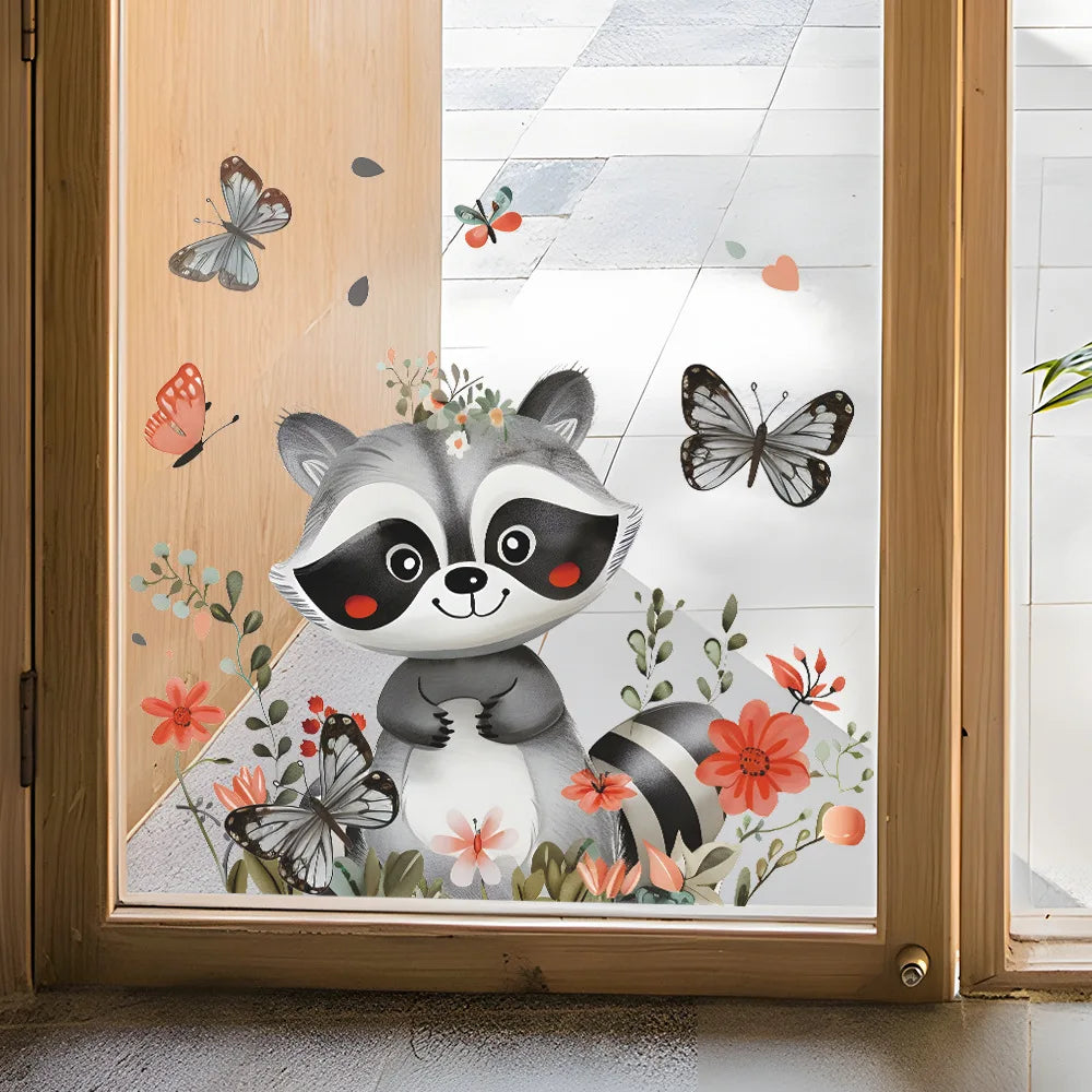 Cartoon Raccoon Electrostatic Wall Sticker Kids Room Glass Window Decoration Decals Cute Animals Home Decor Beautify Wallpaper