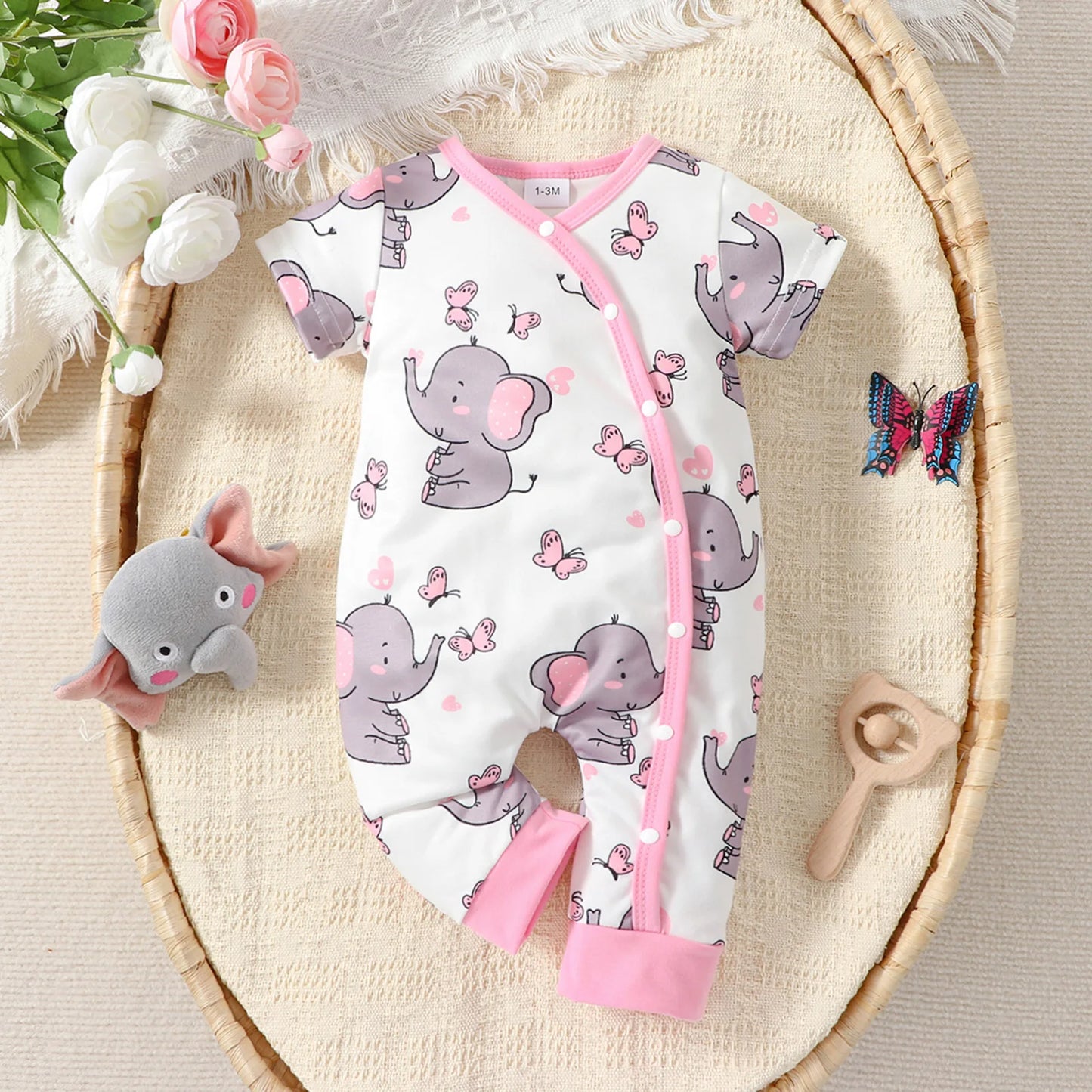 Adorable Elephant Romper Jumpsuit – Cute Animal Print Baby Romper for Girls & Boys, 0-12 Months – Summer Outfit