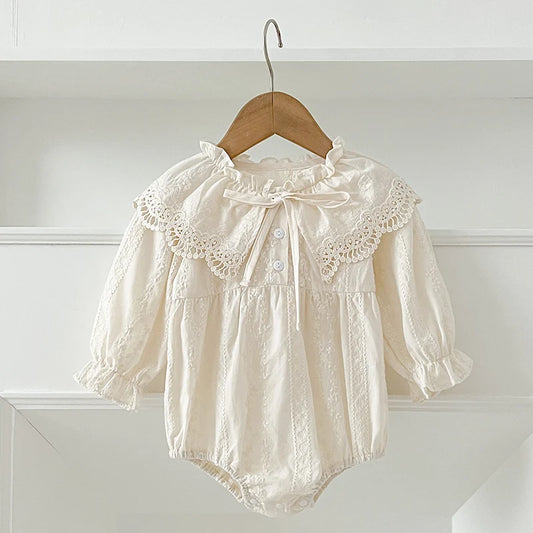 Newborn Baby Girl Romper – Lace Peter Pan Collar with Bow, Long Sleeve Floral Jumpsuit (0-2Y)