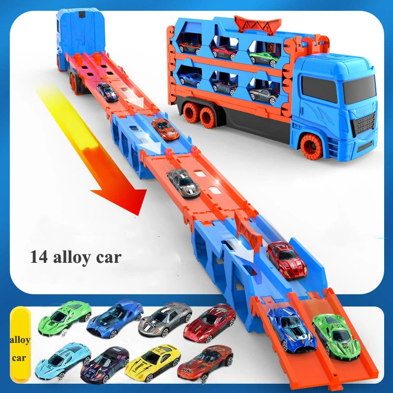 Large Car Transporter Truck with Folding Track – Diecast Racing Vehicle for Kids – Competitive Game Toy with Storage – Perfect Gift for Boys