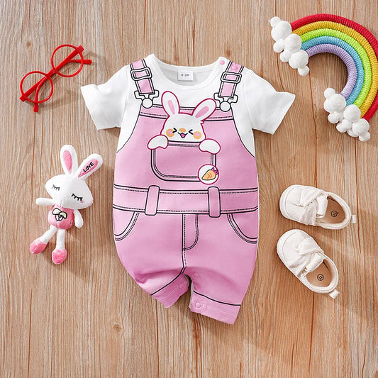 Cute Cartoon Rabbit Strap Baby Jumpsuit – Soft and Comfortable Summer Outfit for Boys & Girls, 0-1 Year – Round Neck, Short Sleeve