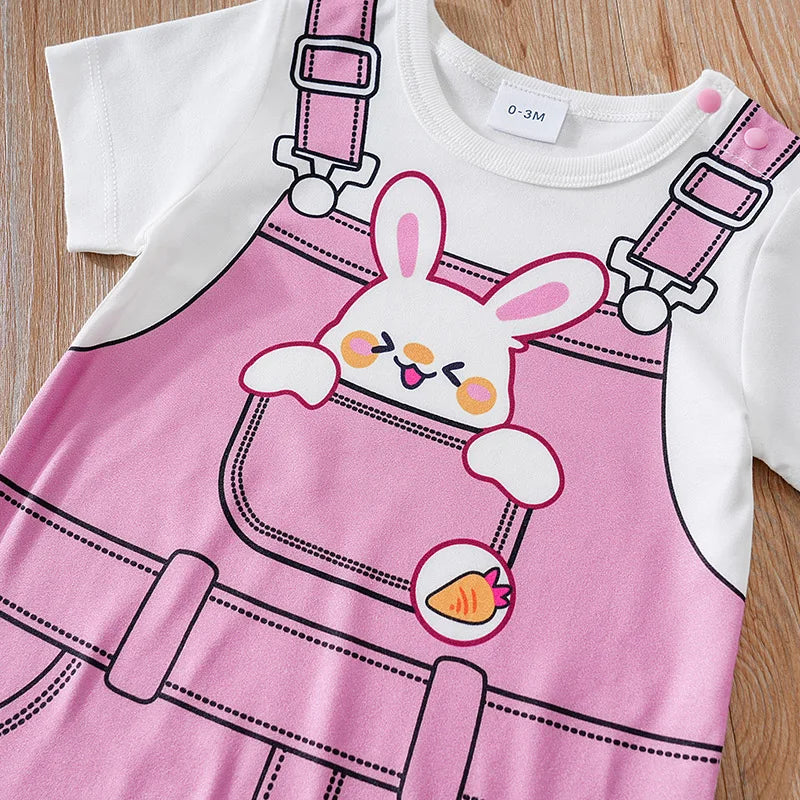 Cute Cartoon Rabbit Strap Baby Jumpsuit – Soft and Comfortable Summer Outfit for Boys & Girls, 0-1 Year – Round Neck, Short Sleeve