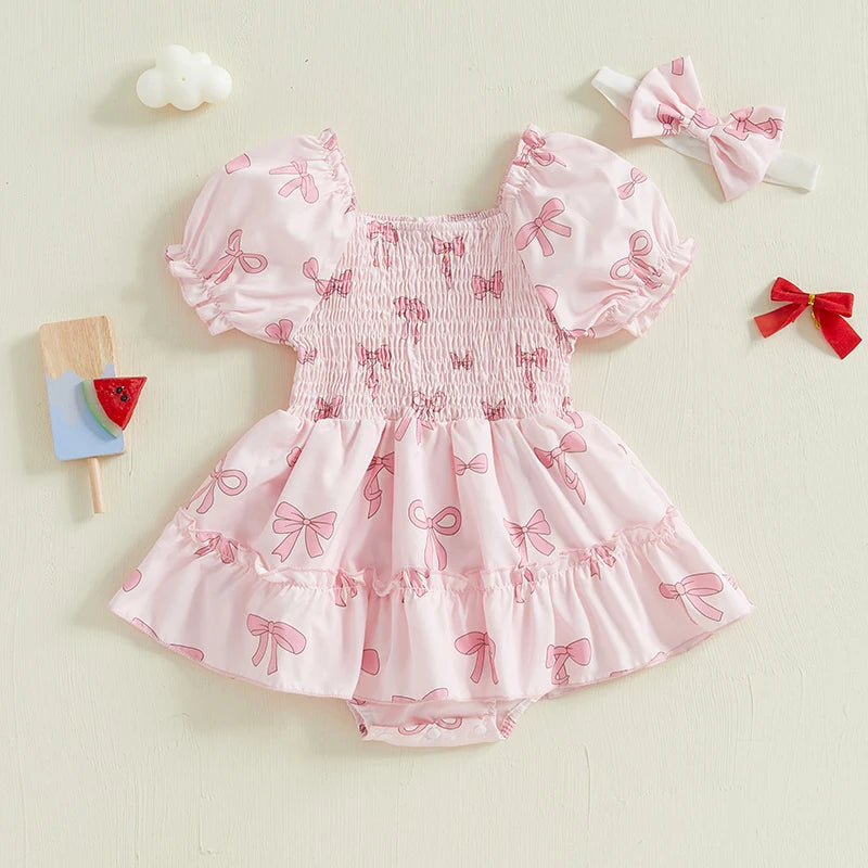 Baby Girl Bubble Romper Dress - Short Sleeve Smocked Bow Print Outfit for Newborns & Infants