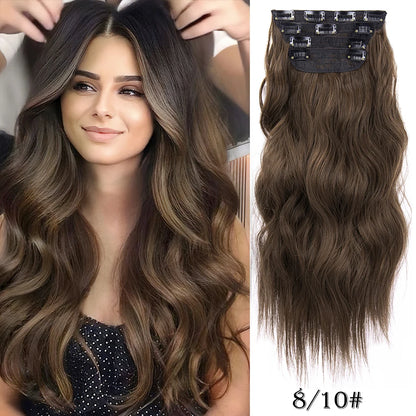 Long Wavy Clip In Hair Extensions Synthetic 4Pcs/Set For Women Heat resistant Black Brown Highlight Long Wavy Clip In Hair piece