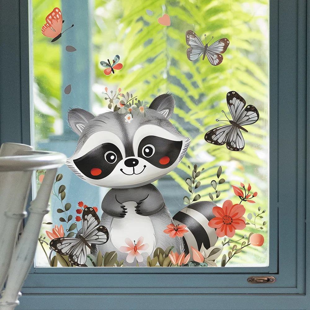 Cartoon Raccoon Electrostatic Wall Sticker Kids Room Glass Window Decoration Decals Cute Animals Home Decor Beautify Wallpaper