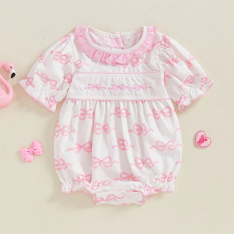 Newborn Baby Girl Romper Outfit – Bow Embroidery, Smocked Bubble Romper with Peter Pan Collar (0-1Y)