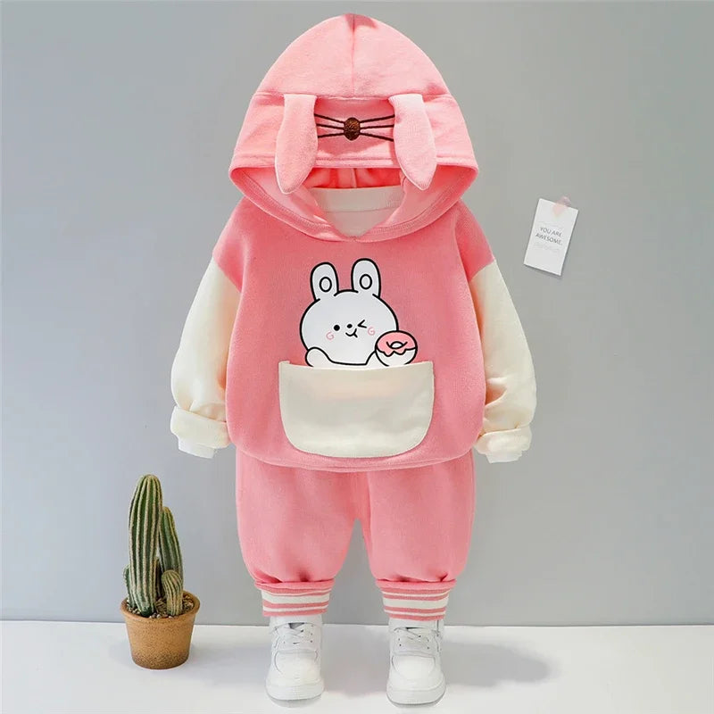 Baby Boys & Girls 2-Piece Cartoon T-Shirt & Pants Set – Cute Hooded Toddler Outfits for Spring & Autumn