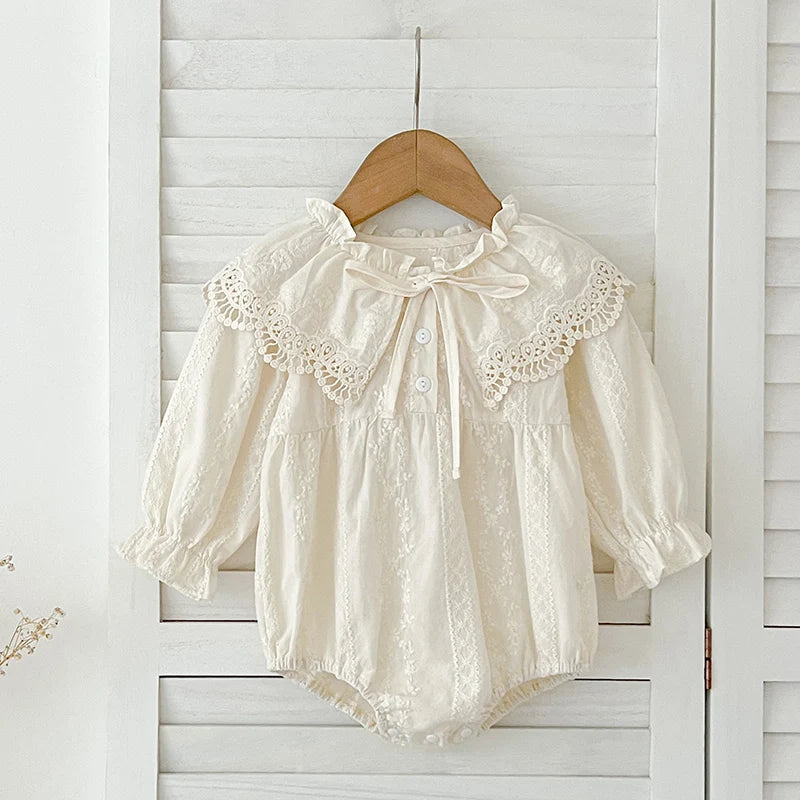 Newborn Baby Girl Romper – Lace Peter Pan Collar with Bow, Long Sleeve Floral Jumpsuit (0-2Y)