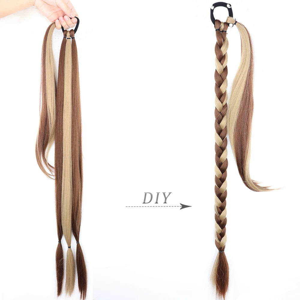 Long Ponytail Hair Extensions Braided Ponytail Synthetic 85cm With Rubber Band Natural Blonde Black For Women Hairpiece Braids