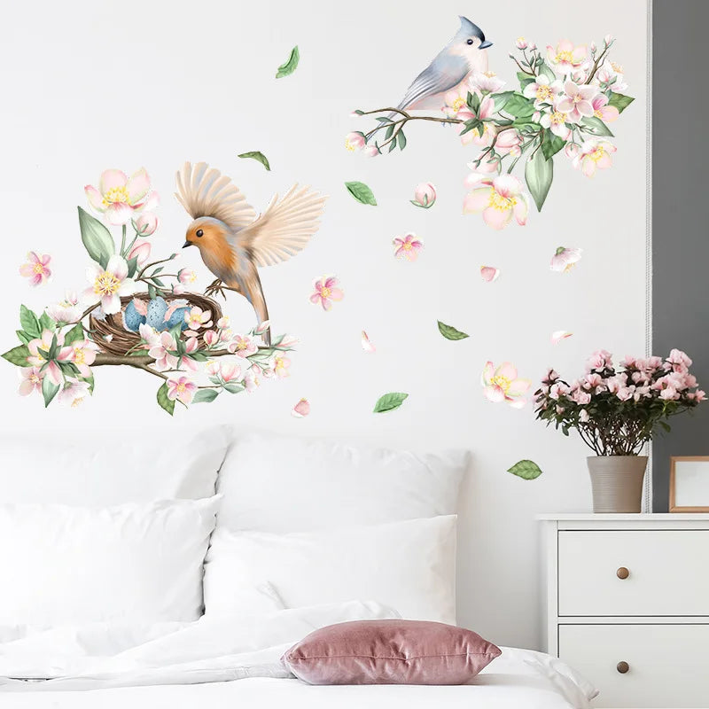 Painted Branches Bird Flowers Wall Stickers Chinese Style Living Room Background Home Decoration Wallpaper Self-adhesive Mural